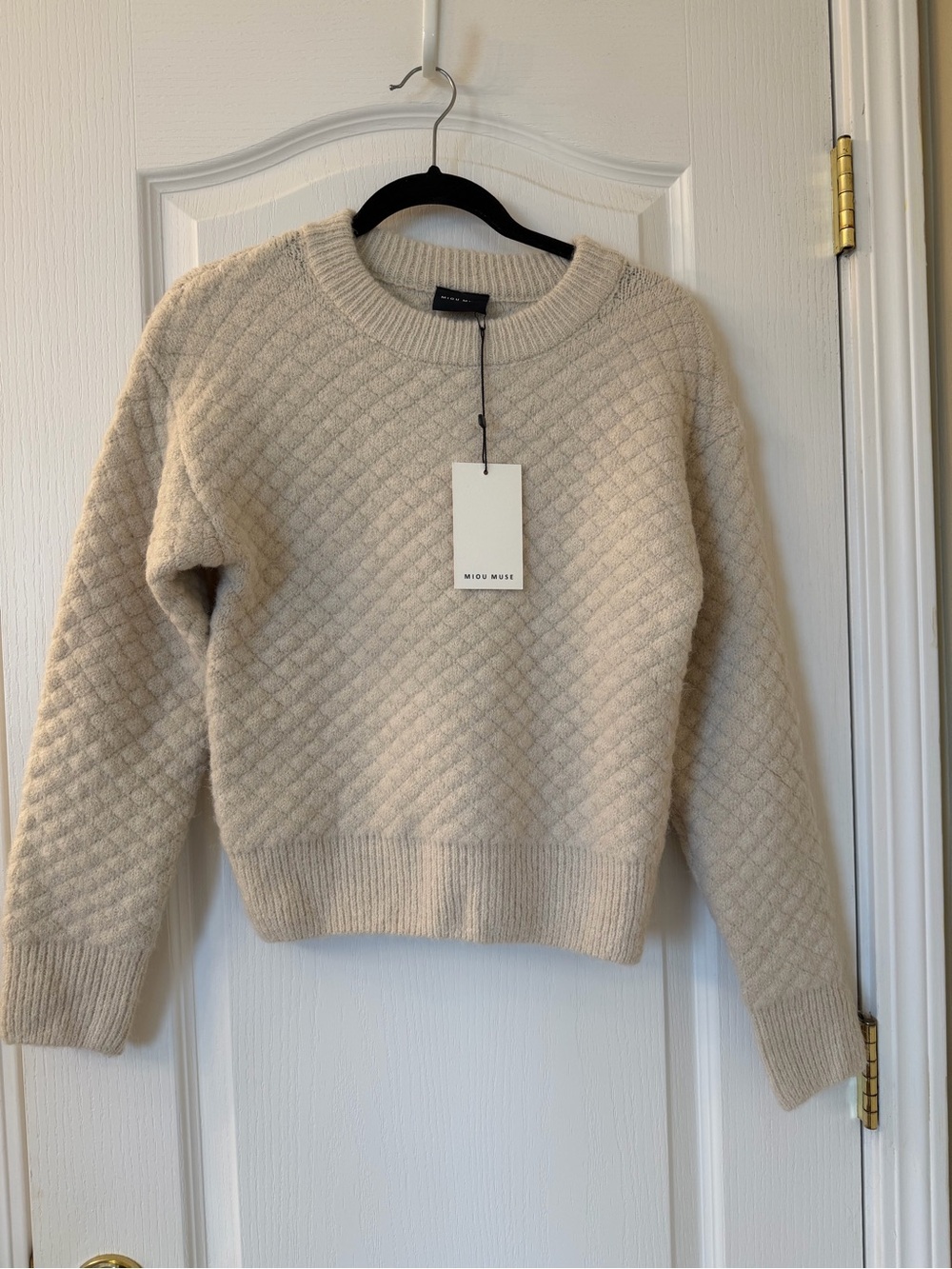Miou Muse Cream Diamond Textured Knit Crewneck Sweater Size Small NWT